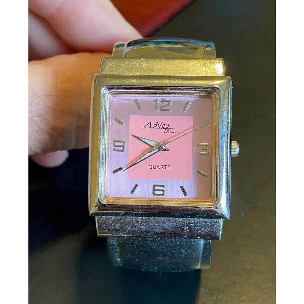 Women's Ashley Princess Bangle Bracelet Watch, Silver Tone with Pink Face